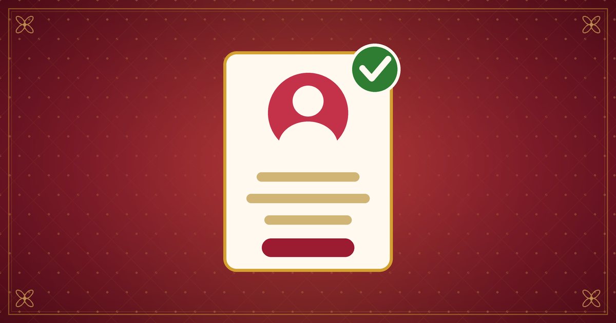 Illustration of a profile card with a portrait silhouette and a check mark, in red and gold