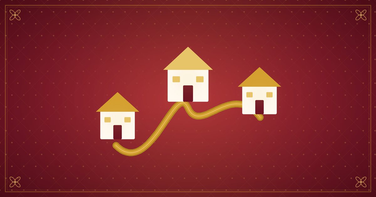 Illustration of three small houses linked by a winding golden path, in red and gold