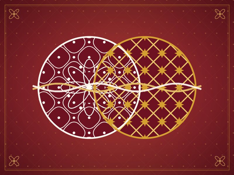 Illustration of two different decorative patterns, a kolam and a lattice, weaving together, in red and gold