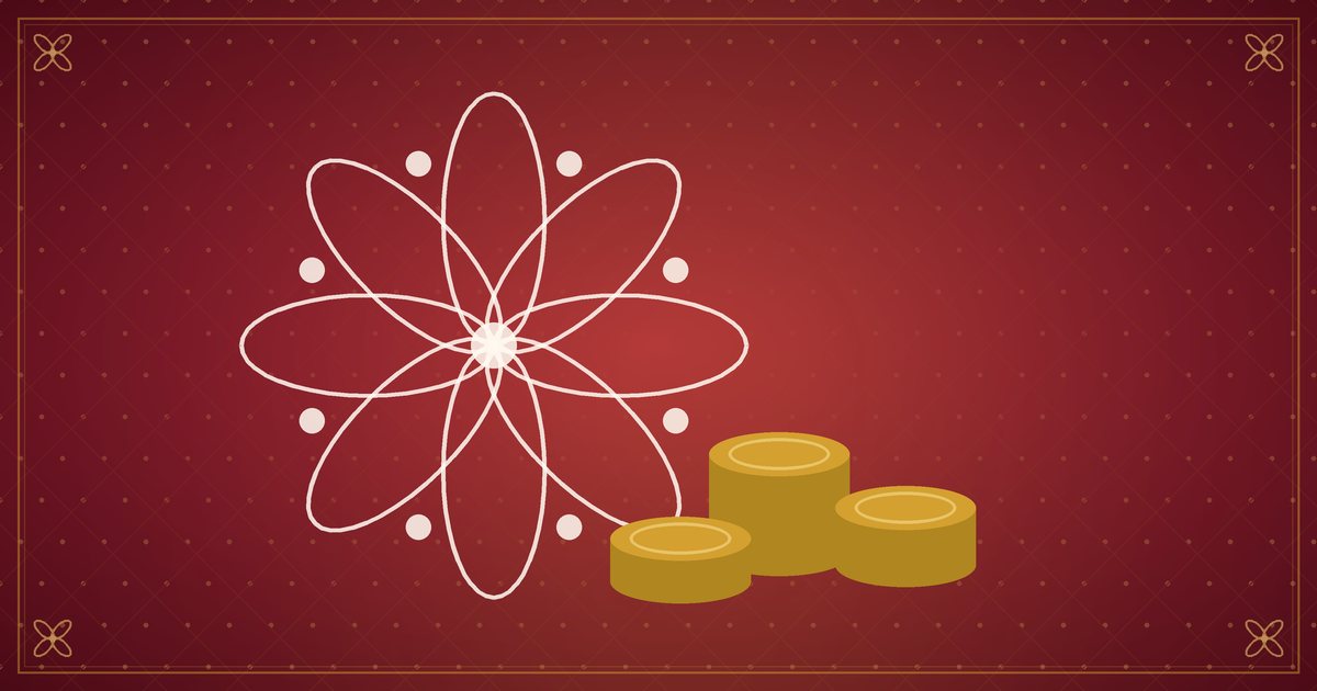 கோல வடிவத்தின் அருகே அடுக்கிய பொற்காசுகள் — சிவப்பு பொன்னிற ஓவியம்