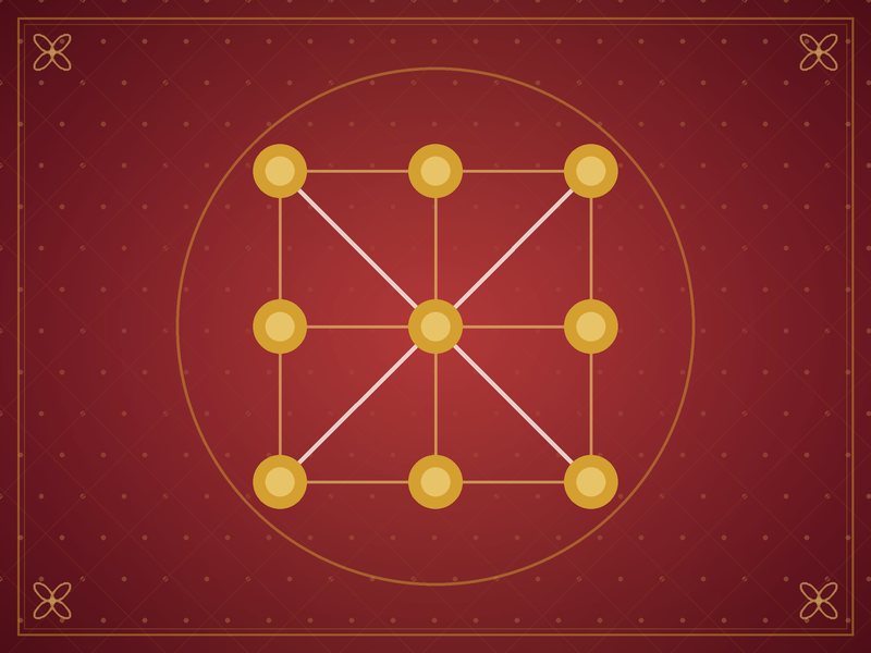 Illustration d'une grille de trois sur trois points dorés reliés par de fines lignes, en rouge et or