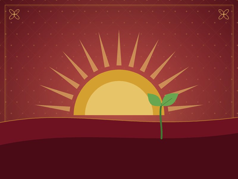 Illustration of a sunrise over a gentle horizon with a small green sprout, in red and gold