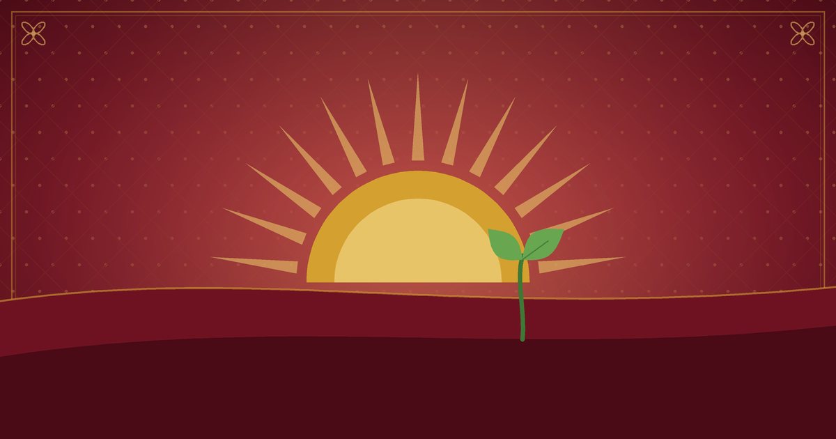 Illustration of a sunrise over a gentle horizon with a small green sprout, in red and gold