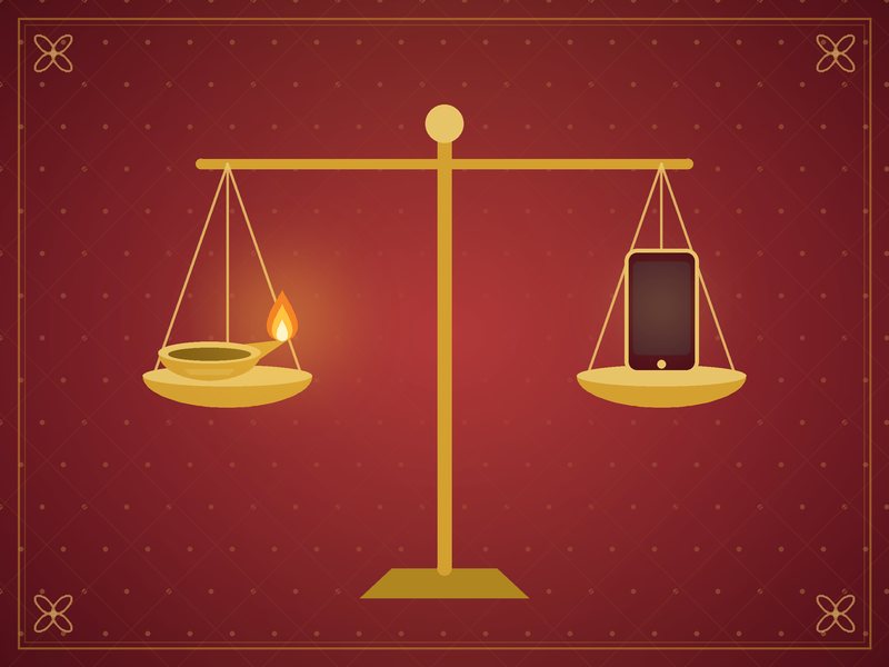 Illustration of a balance scale holding a brass lamp and a smartphone, in red and gold