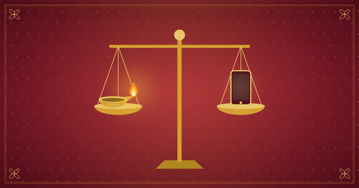 Illustration of a balance scale holding a brass lamp and a smartphone, in red and gold