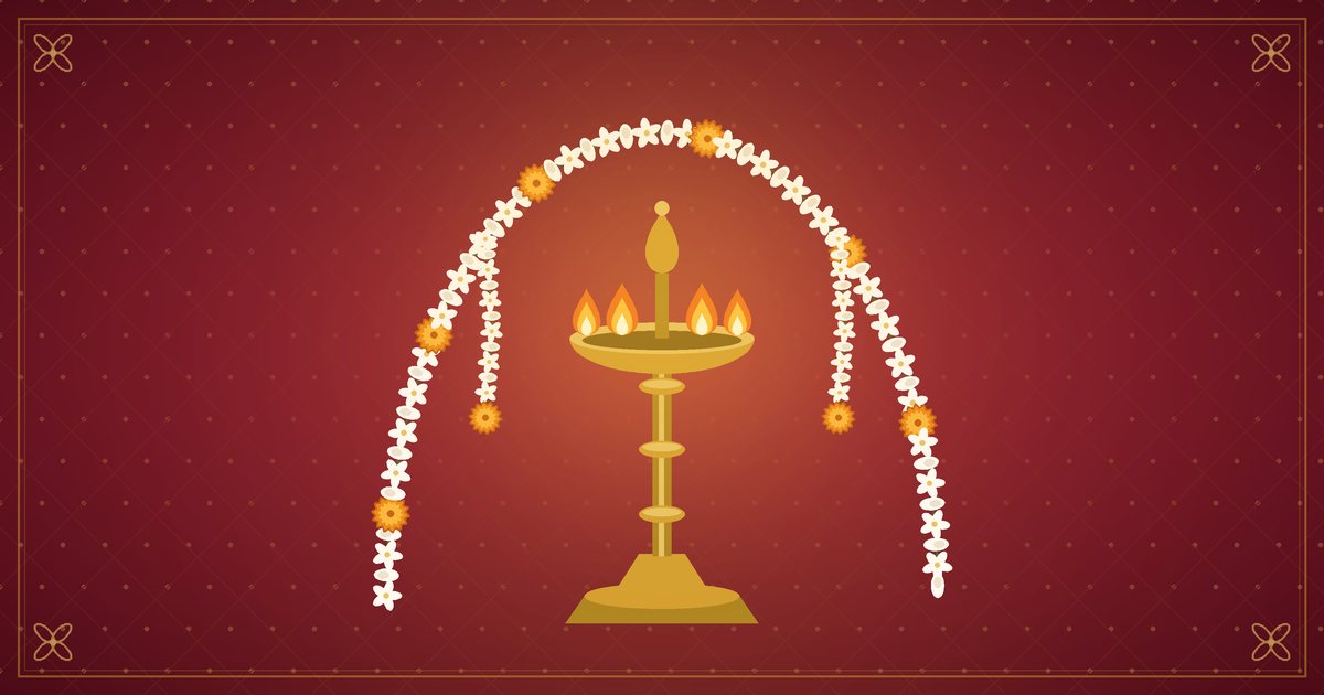 Illustration of a brass oil lamp and a jasmine garland arch in red and gold
